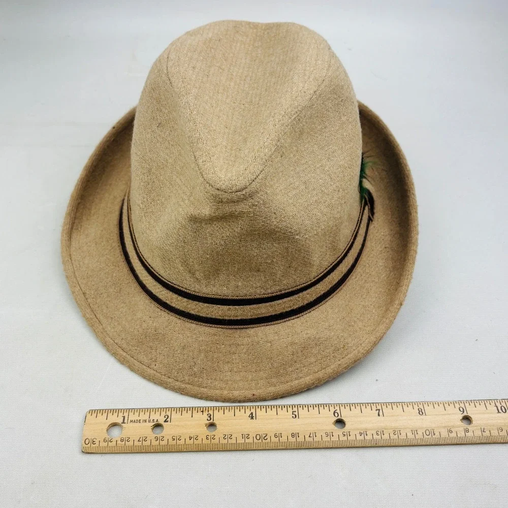 Vintage Stevens Tweed Feather Fedora Mens 7 3/8 Tan Wool USA Made